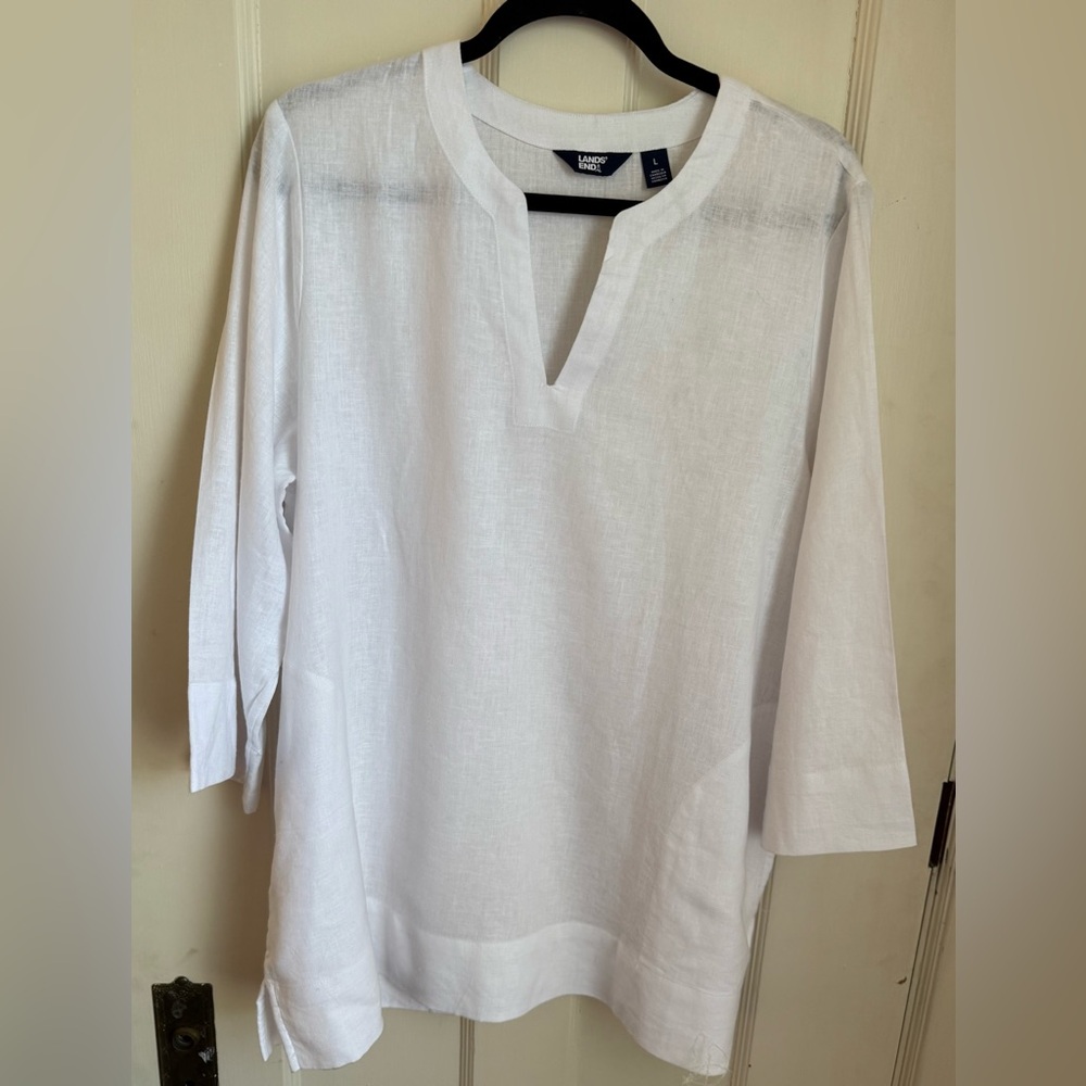 Lands’ End White Linen Split Neck Tunic Top